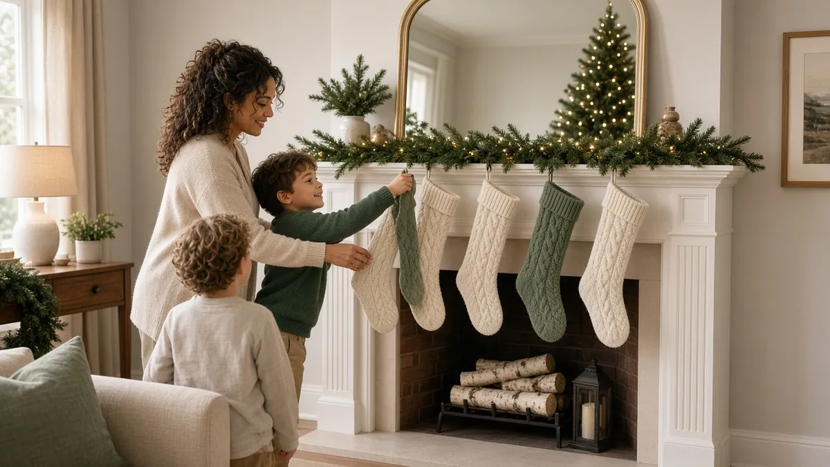 Mother and two sons hanging knit Christmas mantel stockings below a mirror framed with garland