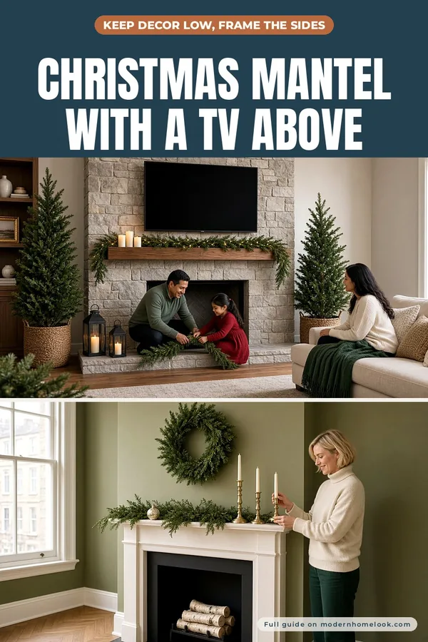 Christmas Mantel With a TV Above: Low Garland, Framed Sides, Clear Screen