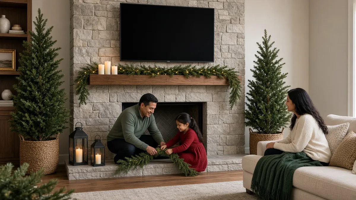Family adding a low garland to a Christmas mantel with a TV above the fireplace switched off