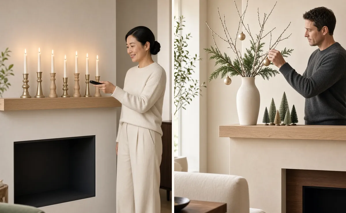 Woman turning on flameless taper candles on a Christmas mantel without garland beside a vase of winter branches