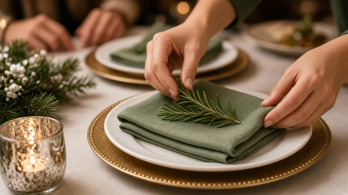 Christmas table setting with gold charger, white plate, sage linen napkin, rosemary sprig and mercury glass votive