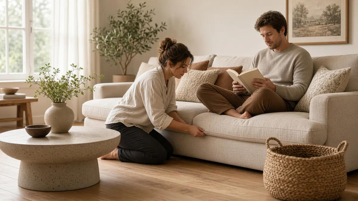Parts of a couch up close: checking the wood frame and seat deck while a partner reads on the cushions