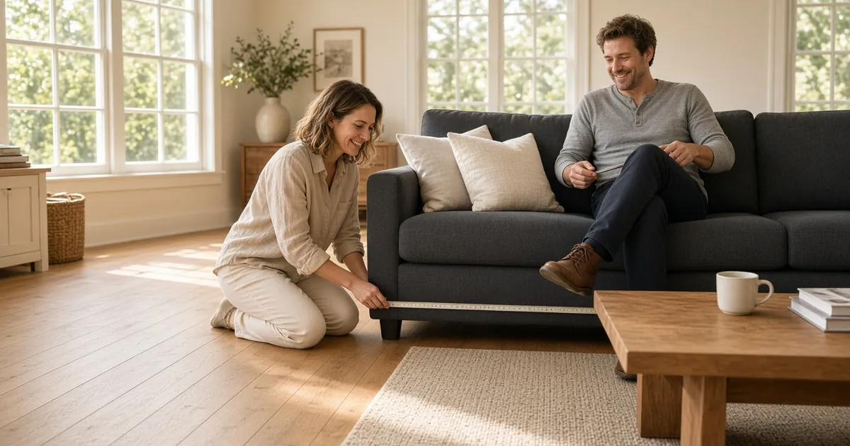 Couple measuring a 3 seater sofa with a tape in a bright American living room with oak floors, large windows, warm neutrals