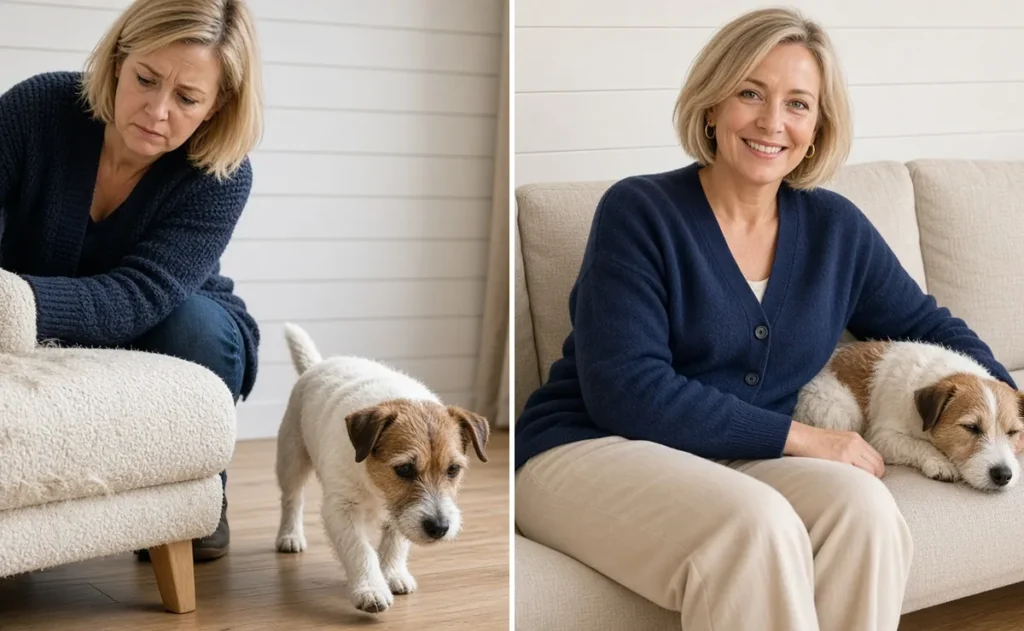 Woman frowning at dog fur on a cream boucle sofa, then smiling with her terrier on a tight weave oatmeal sofa