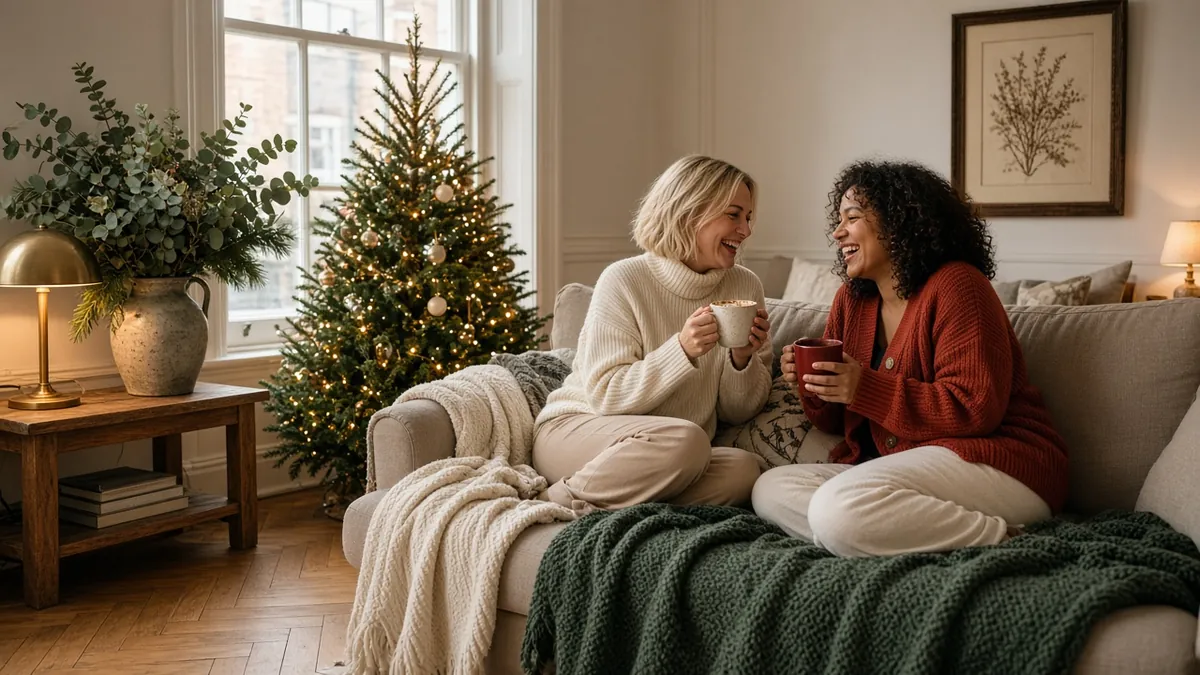 Friends sharing cocoa by a glowing tree and table lamps in a cozy Christmas living room with knit throws