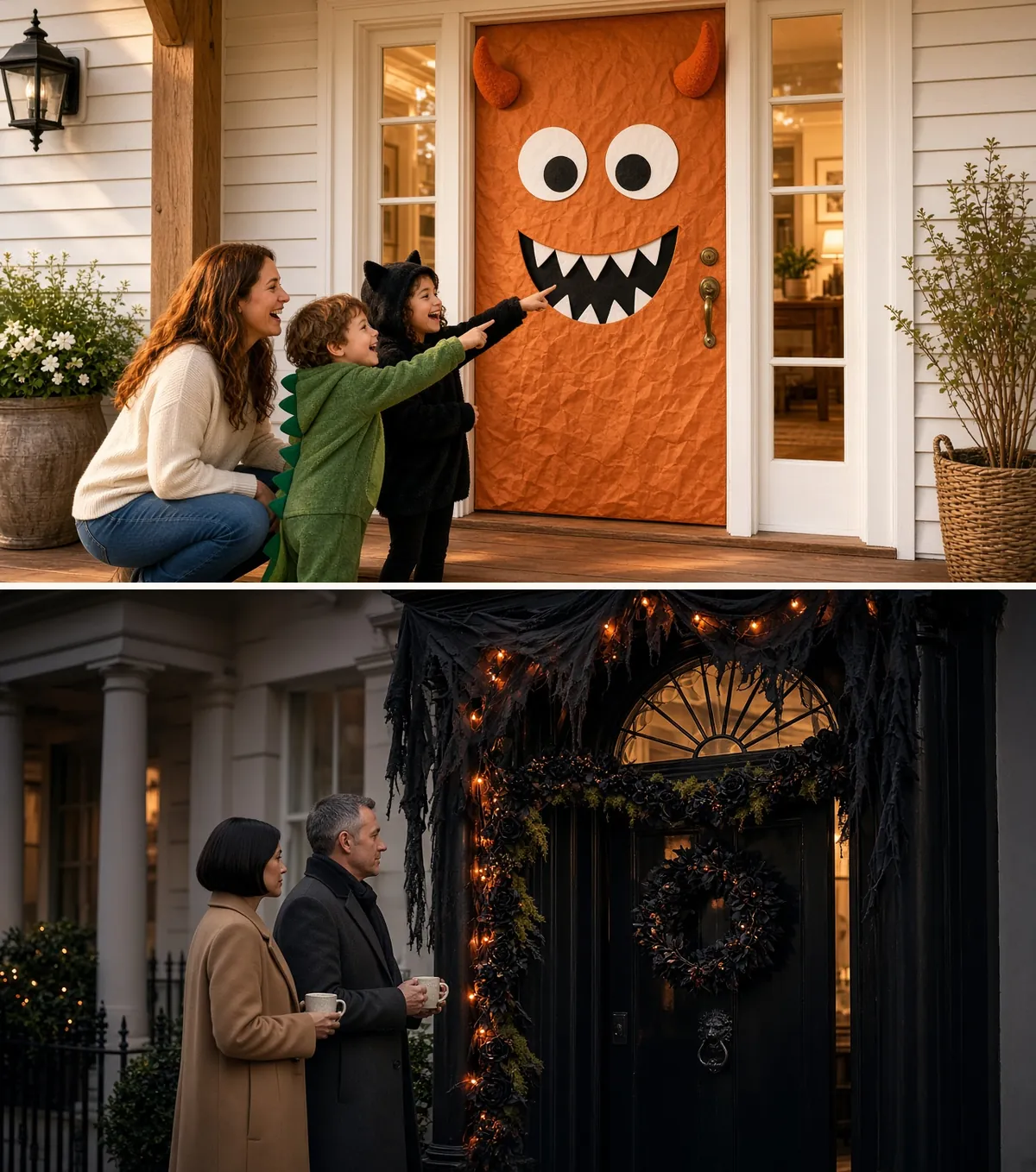 Children laughing at a front door decorated as a friendly monster face, and a moody all-black Halloween door at dusk