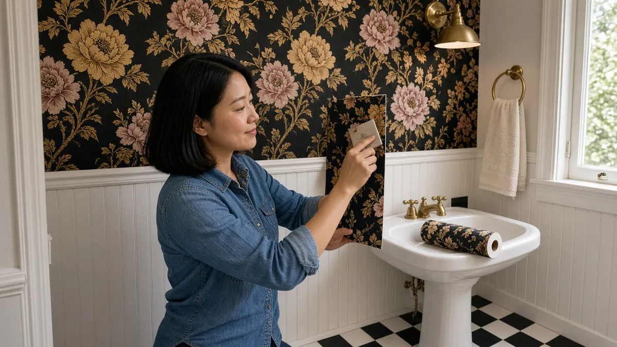 Woman smoothing dark floral wallpaper above white beadboard in a moody Victorian bathroom with black and white tile