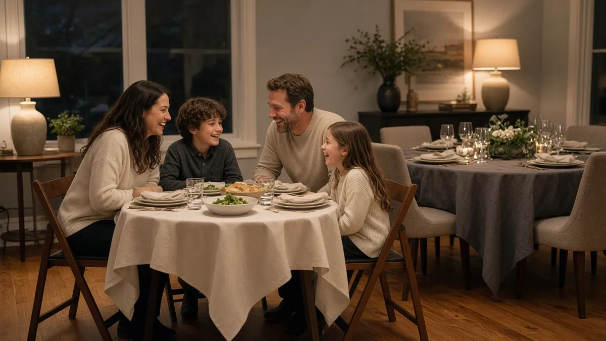 Family laughing around a cream-draped card table used as holiday overflow seating beside a larger dining table