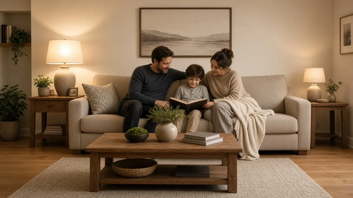 Family relaxing on a well-scaled 3 seater sofa with correct coffee table clearance in warm evening living room