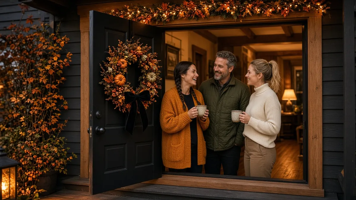 Friends holding mugs of cider beside a front door with a harvest pumpkin wreath and an autumn leaf garland with lights