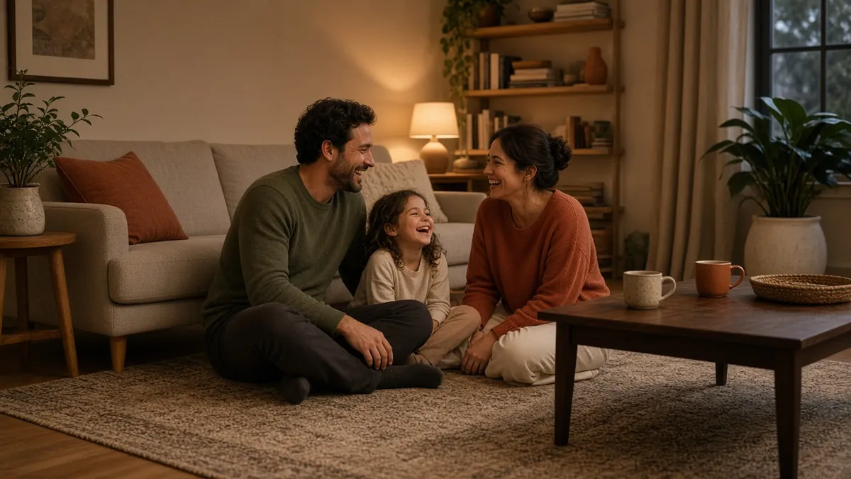 Family relaxing on an 8x10 rug in a warm evening living room, front sofa legs on the rug, calm neutral palette