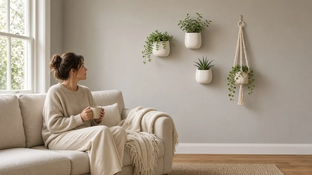 Person relaxing near a styled wall of planters in a neutral living room