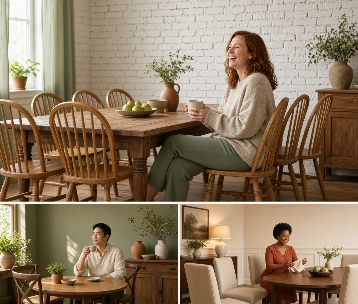 Three panels of dining chair styles: Windsor, cross-back X-back and Parsons chairs, each with a person sitting
