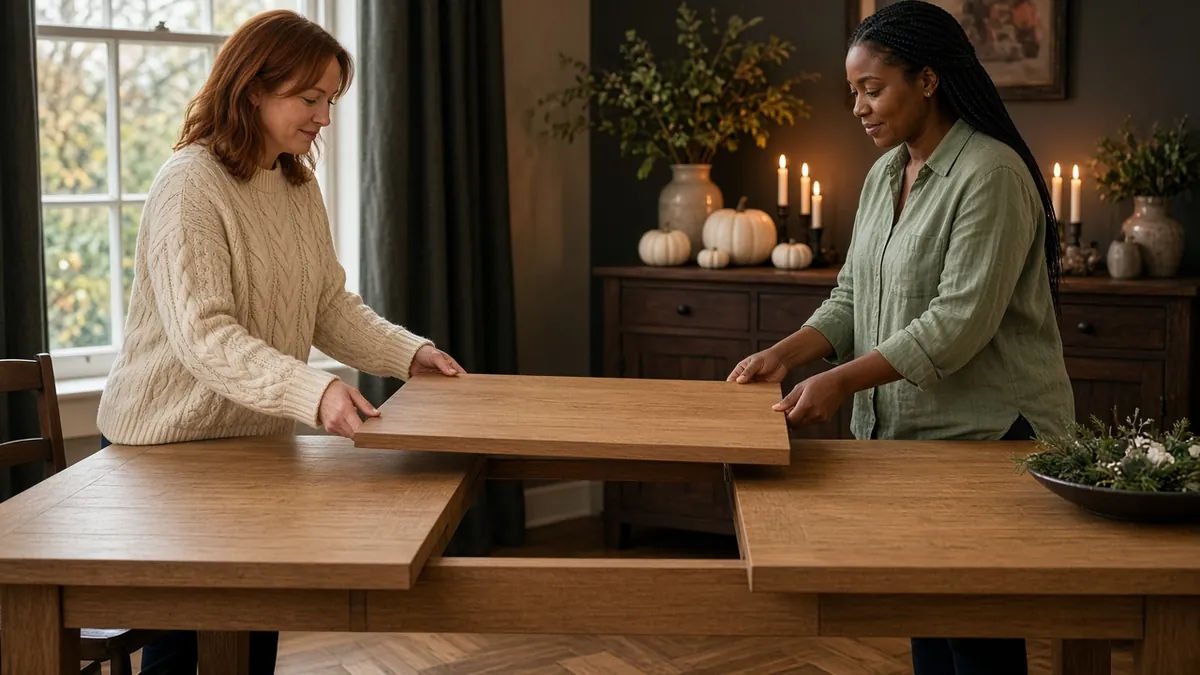 Two women fitting an extension leaf into an oak dining table before hosting a holiday dinner for a crowd