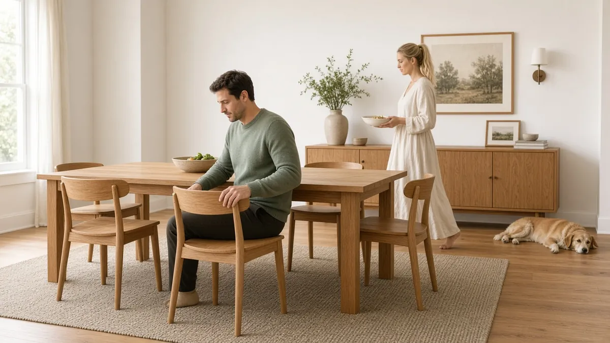 Man pulling out a dining chair with comfortable clearance behind it as a woman walks past carrying a serving dish
