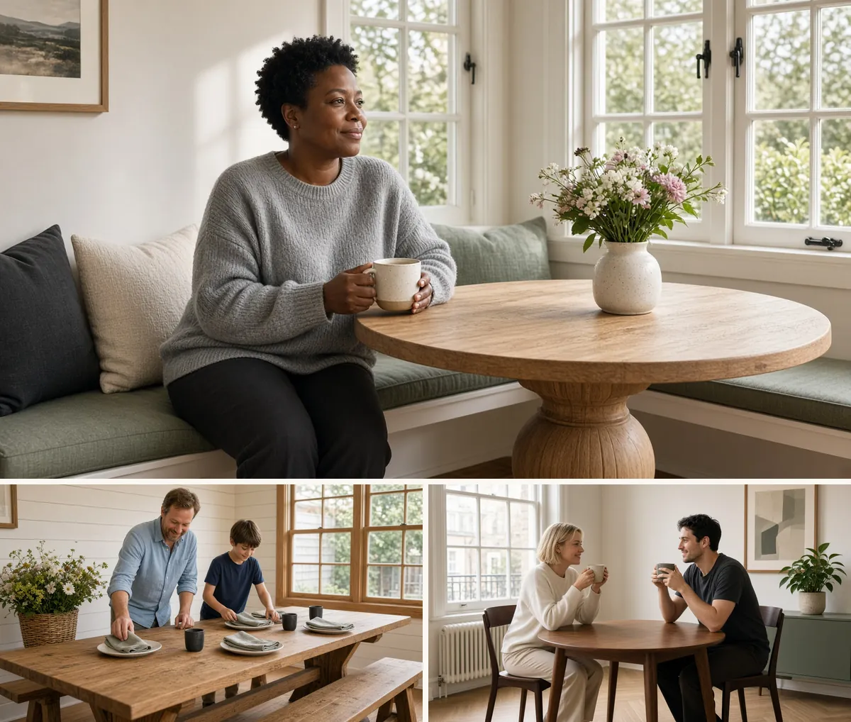 Three dining table bases: a round pedestal table, a farmhouse trestle table and a four-leg walnut table, each with people
