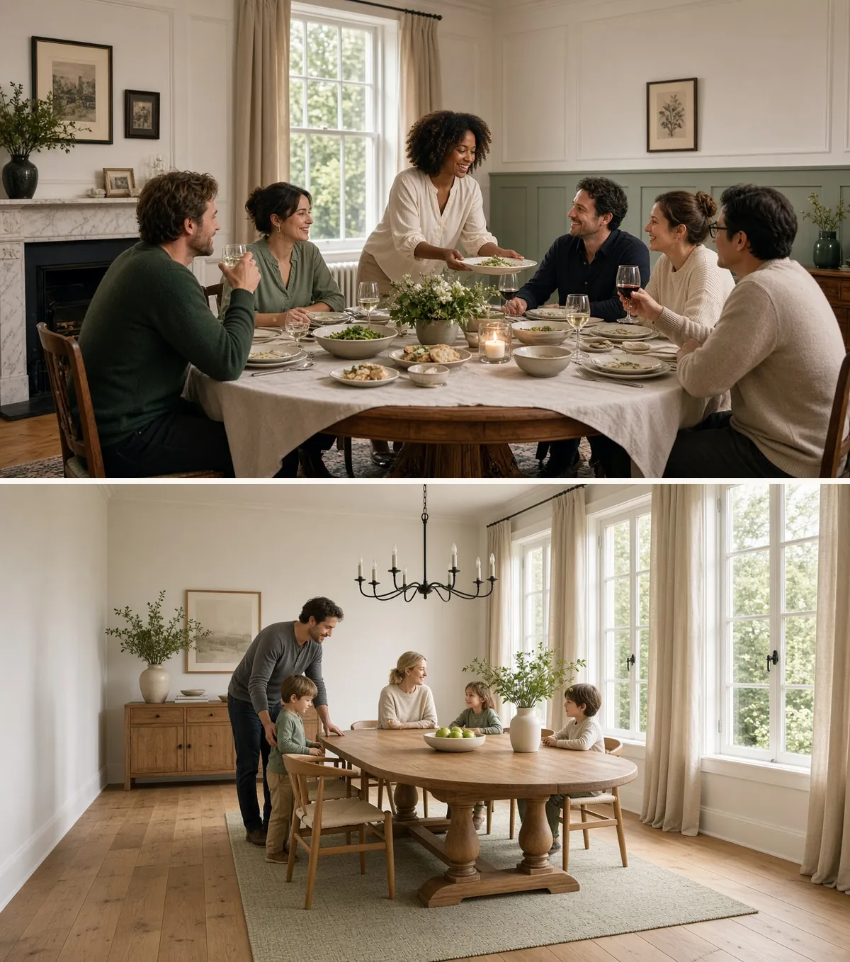 Couple hosting friends at a round pedestal table in a square room, and a family at an oval table in a long narrow room