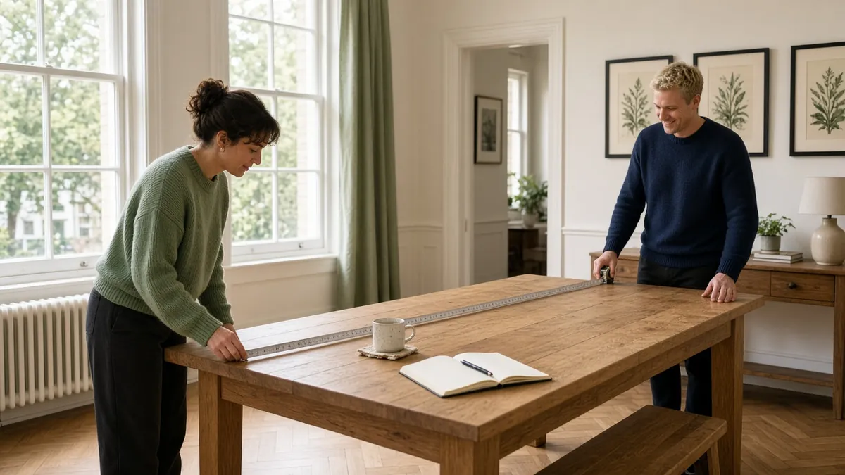 Woman measuring a long oak dining table with a tape measure while her partner holds the other end in a bright dining room
