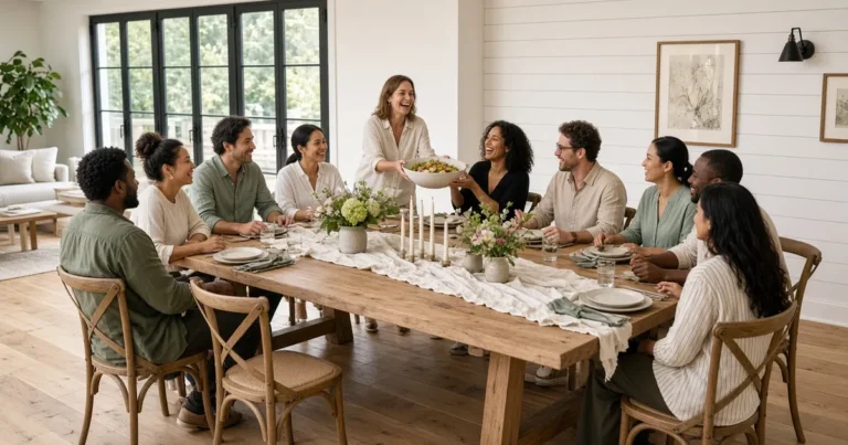 Family and friends seated around a long oak dining table for ten in a bright dining room with sage green accents