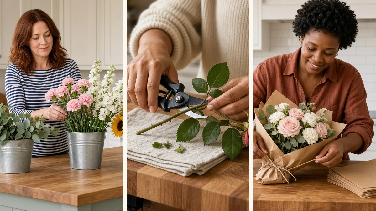 Three-step DIY flower bar setup: sorting stems into buckets, trimming with shears, wrapping a bouquet in kraft paper