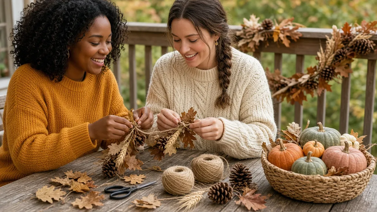 Friends making a DIY fall garland from dried leaves and wheat for budget outdoor Thanksgiving decor