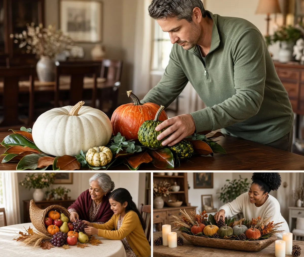 DIY Thanksgiving centerpieces being made: a pumpkin centerpiece, a cornucopia centerpiece and a dough bowl