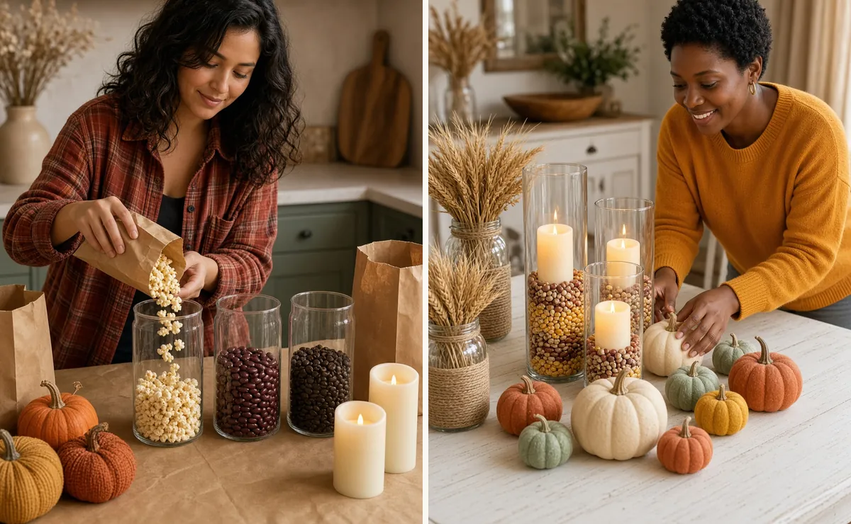 Friends making Dollar Tree Thanksgiving centerpieces with glass cylinders, dried corn and painted pumpkins