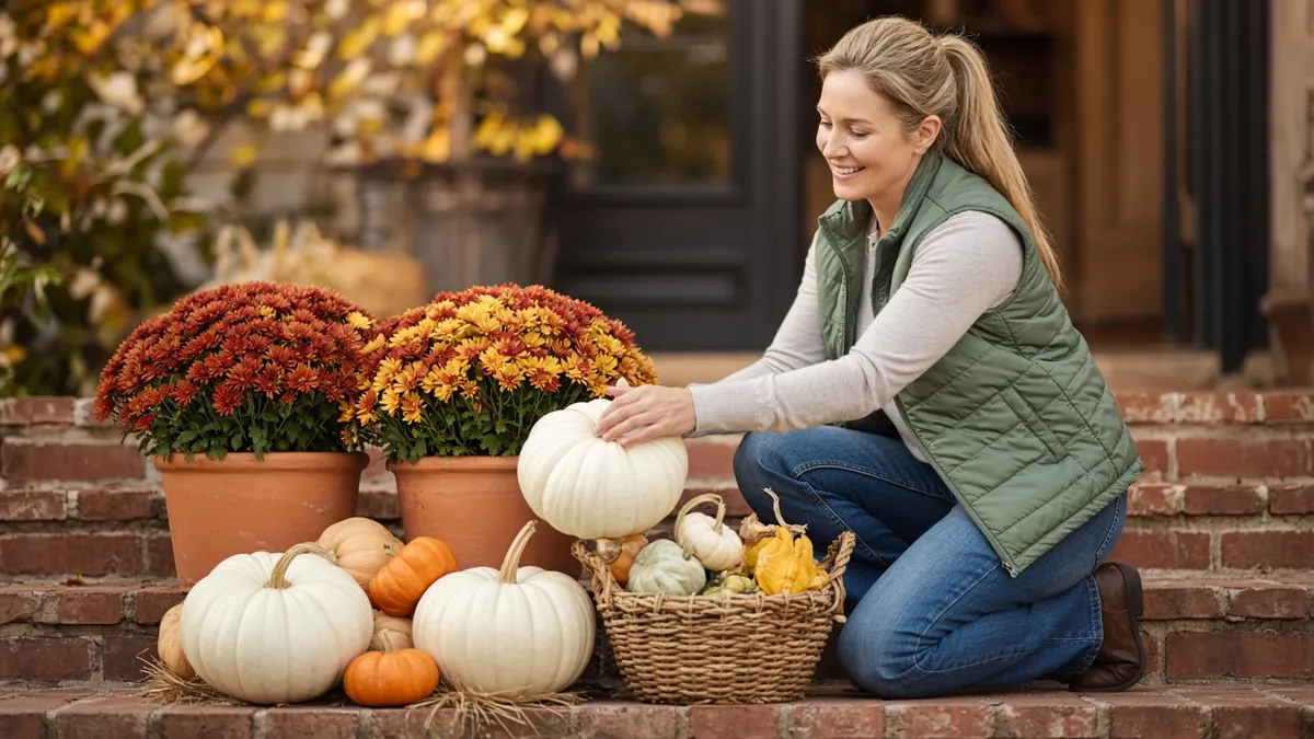 Woman stacking white and orange pumpkins with mums by the front steps for easy outdoor Thanksgiving decorations
