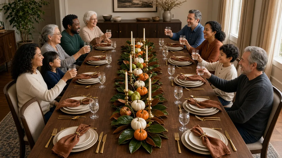 Large family seated at a long dining table with an elegant Thanksgiving centerpiece of magnolia garland and candles