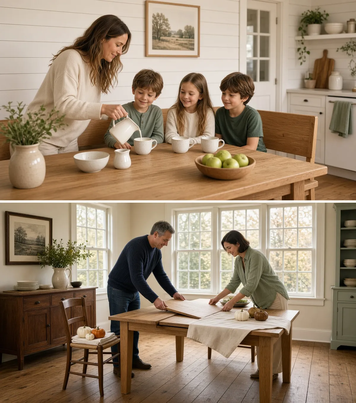 Children on a wood dining bench at a family table, and a couple adding a leaf to an extension table before Thanksgiving