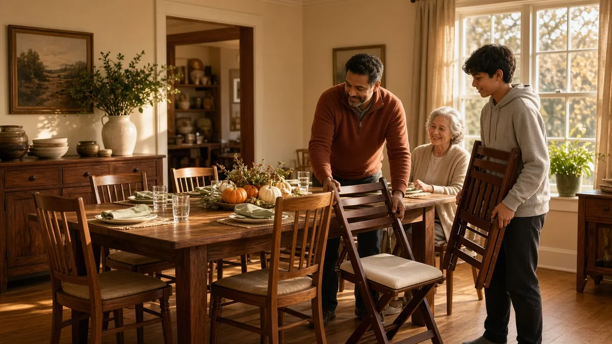 Family adding mahogany resin folding chairs around an extended Thanksgiving table in a warm dining room