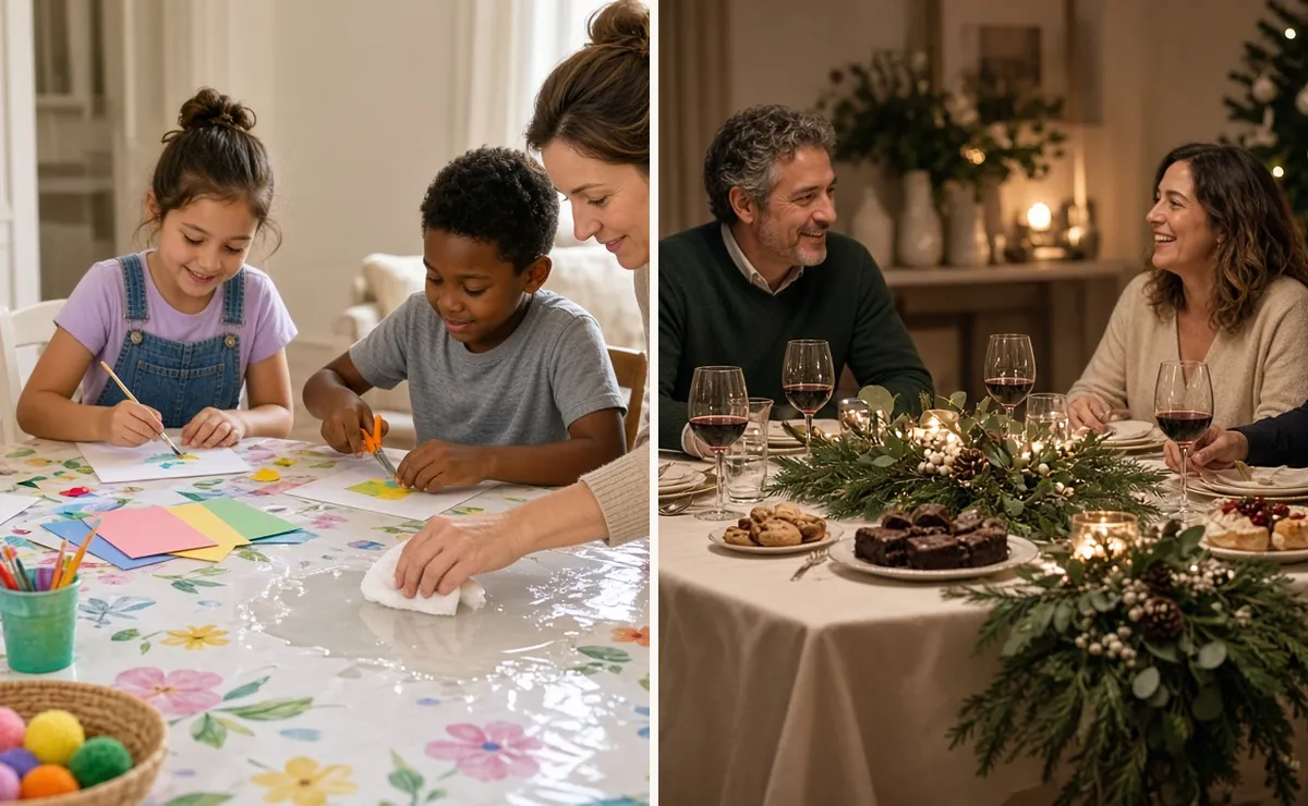 Kids doing crafts on a wipeable fitted vinyl card table cover, then adults at a fabric-draped card table for dessert