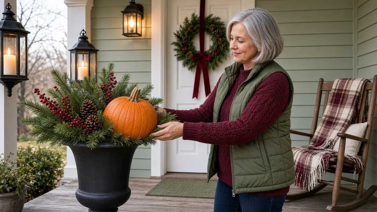 Woman swapping pumpkins for evergreen planters and a pine wreath on a porch moving from fall to Christmas