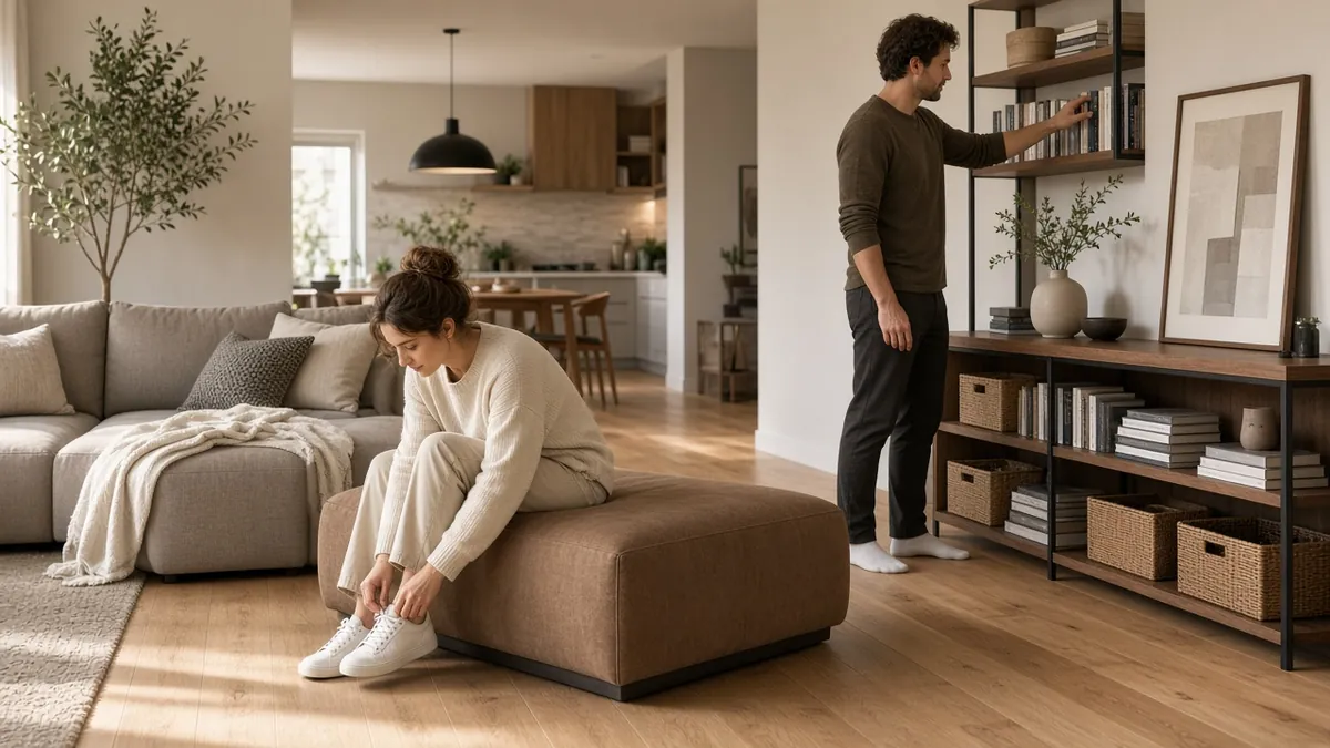 Person sitting on a storage ottoman beside a sofa while another reaches for a book on a console shelf