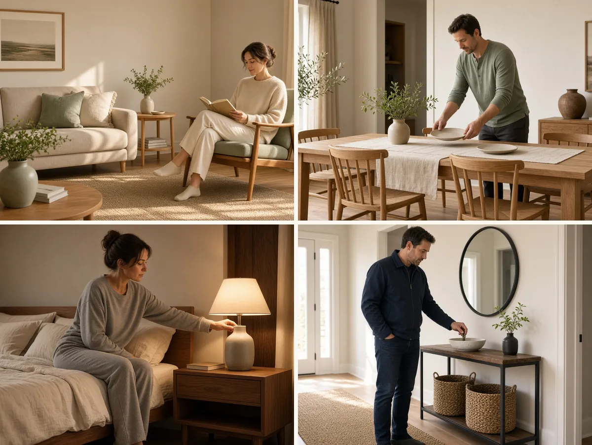 Collage of living room seating, a dining table set, a bedroom nightstand setup and a narrow entryway console