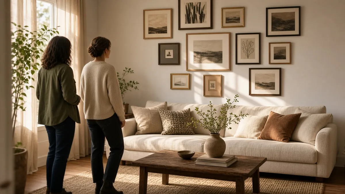 Friends arranging a finished living room gallery wall of mixed frames after hanging with picture hanger hardware