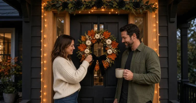 Smiling couple hanging a harvest pumpkin wreath with a black velvet bow on a black front door framed by fairy lights at dusk