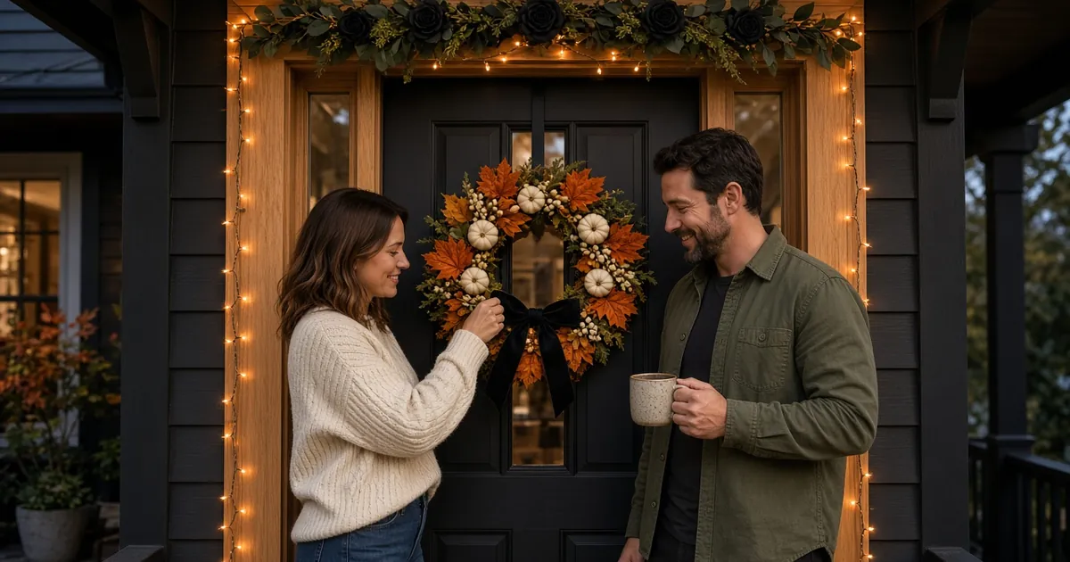 Smiling couple hanging a harvest pumpkin wreath with a black velvet bow on a black front door framed by fairy lights at dusk