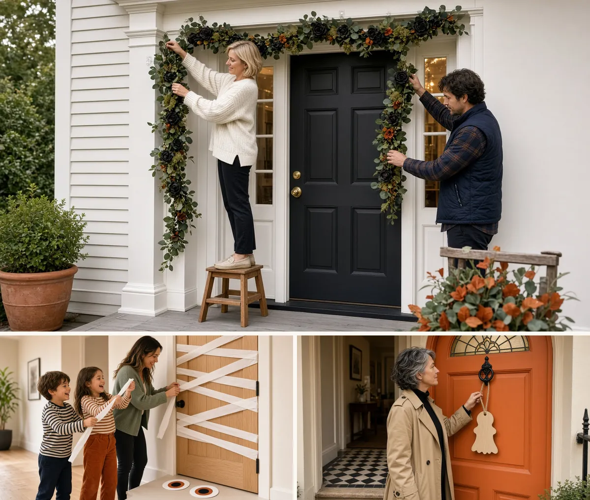 Collage of black rose garland around a colonial door, a mummy apartment door in white crepe paper and a ghost door hanger