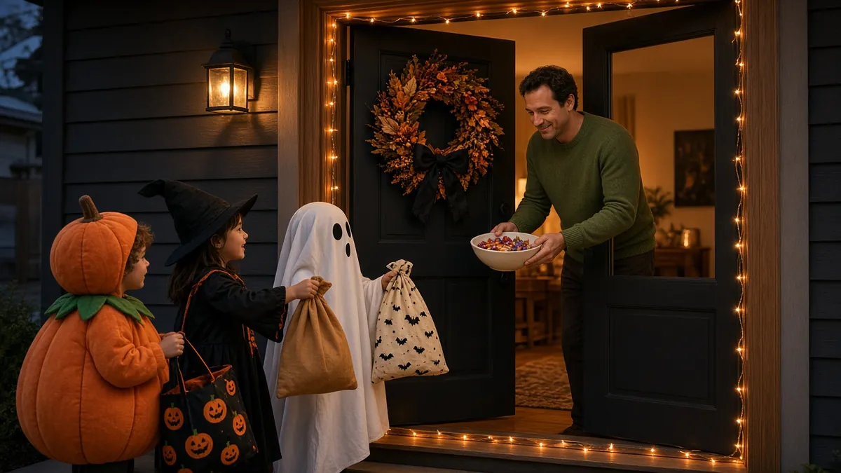 Father opening a front door outlined in orange fairy lights to greet trick-or-treaters, with a harvest wreath on the door