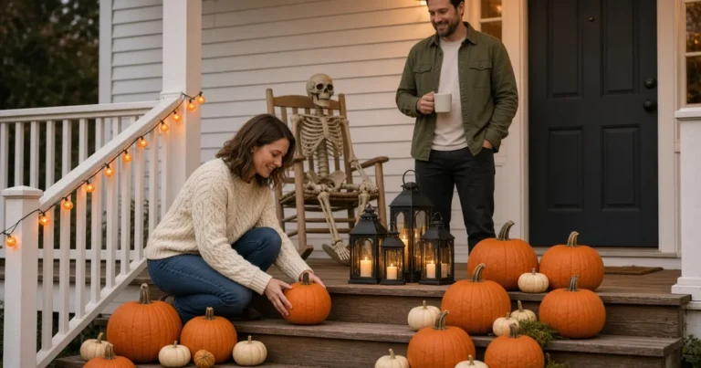 Couple decorating wide porch steps with orange and ivory pumpkins, black lanterns, a rocking chair skeleton and string lights