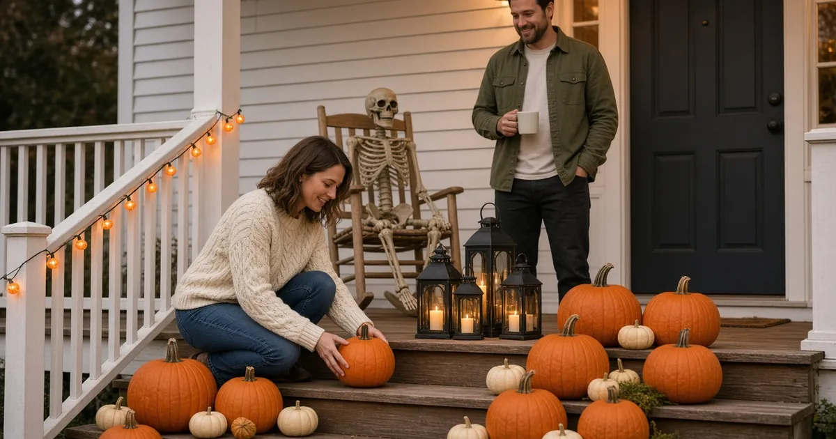Couple decorating wide porch steps with orange and ivory pumpkins, black lanterns, a rocking chair skeleton and string lights