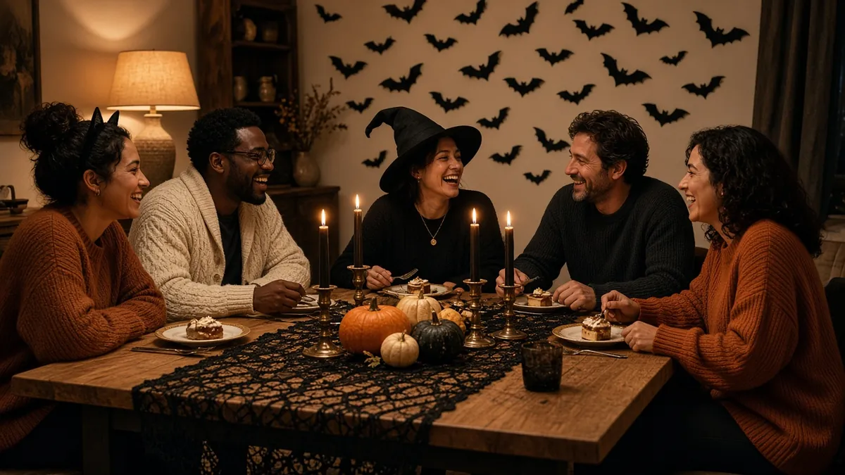 Friends in cozy knitwear laughing around a candlelit Halloween table with a spiderweb runner, black tapers and a bat wall