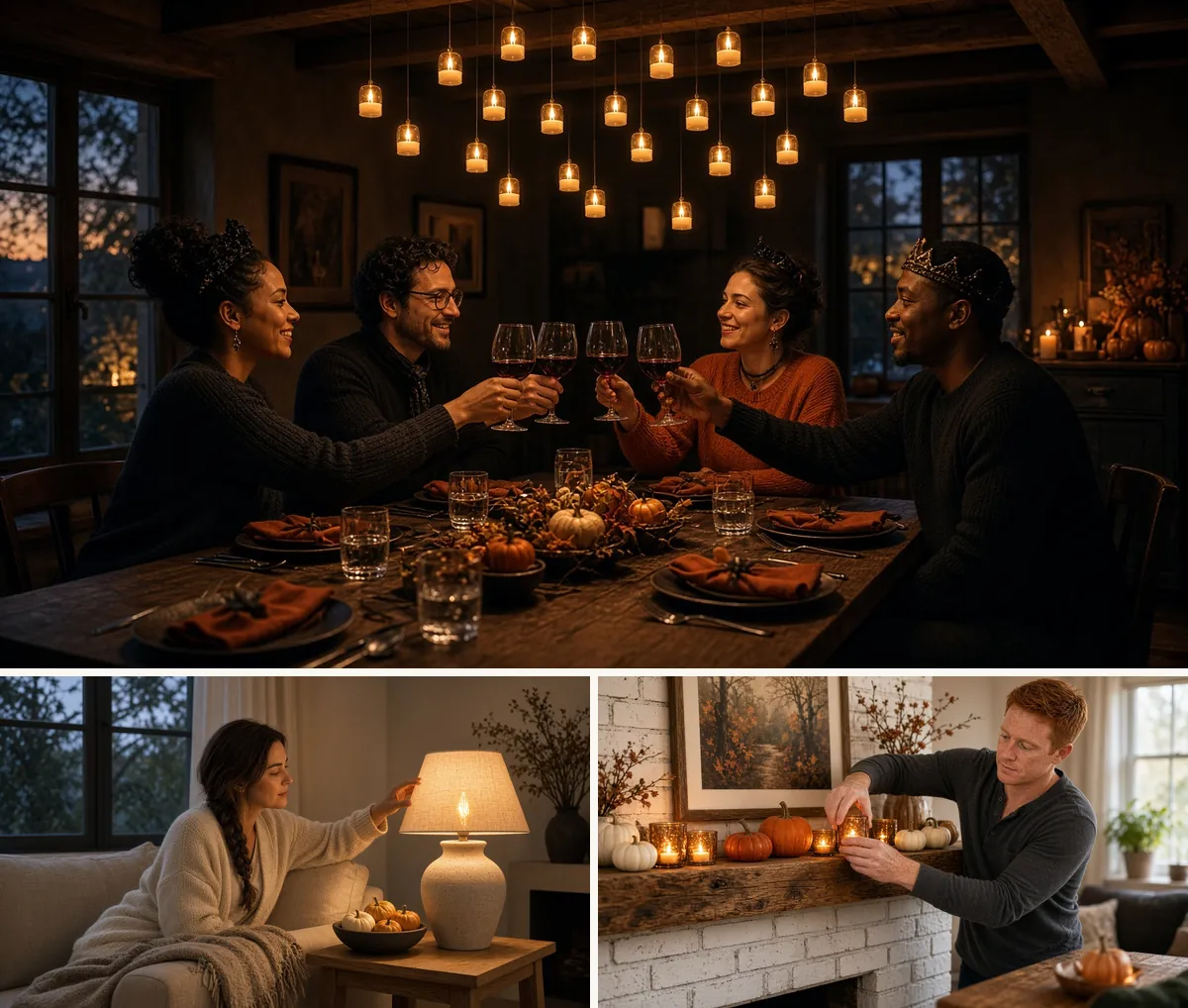 Collage of floating LED candles over a dinner table, a flicker flame bulb in a table lamp, and tea lights in amber votives