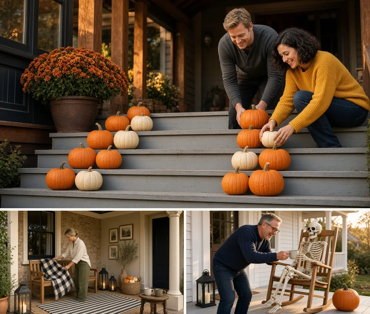 Halloween porch ideas collage: staggered pumpkins on steps, a plaid throw on a bench, and a skeleton in a porch rocker