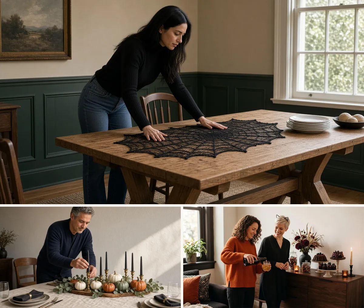 Collage of a black lace spiderweb runner, black tapers in brass candlesticks with a pumpkin centerpiece, and a drinks station
