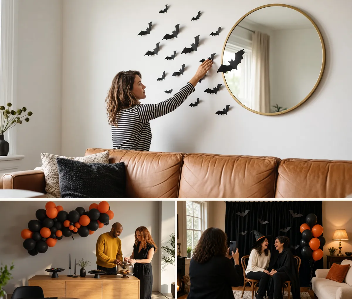 Collage of 3D paper bats swarming a living room wall, a black and orange balloon garland, and a black velvet photo corner