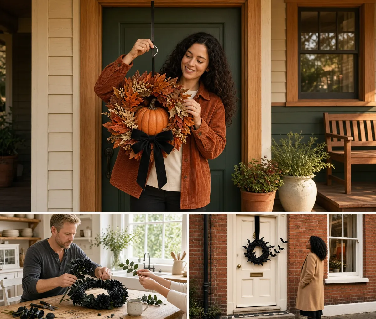 Collage of a harvest pumpkin wreath on a craftsman door, black faux roses wired into a DIY wreath and a black bat wreath