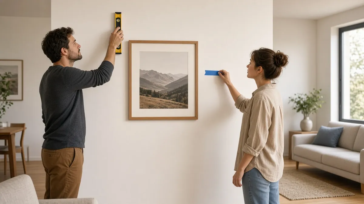 Man leveling a framed print on drywall while a partner marks the wall with painter tape in a modern living room