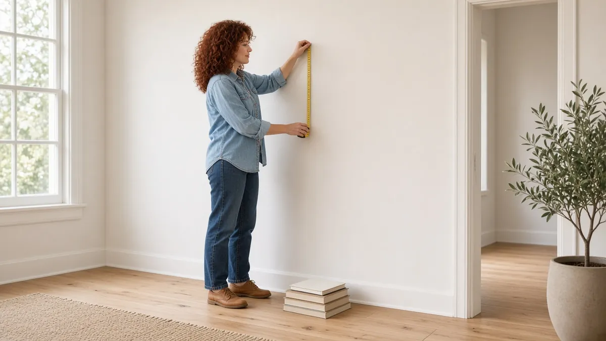 Woman measuring a living room wall with a tape measure next to a stack of books before buying a bookcase